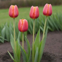 Six vibrant tulip flower buds about to bloom in a well-cared garden under a sunny sky.