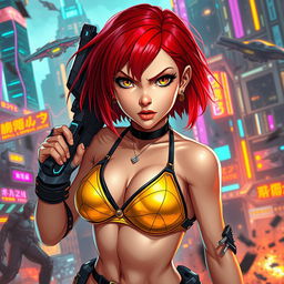 A petite redhaired female cyberpunk techie in a striking gold bikini, immersed in an intense battle scene