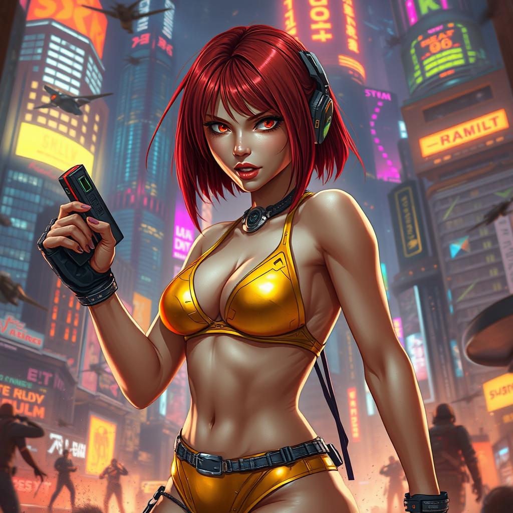 A petite redhaired female cyberpunk techie in a striking gold bikini, immersed in an intense battle scene