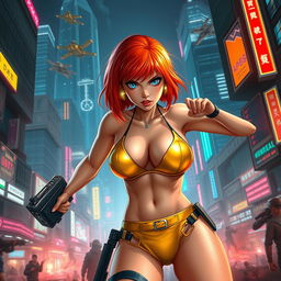 A petite redhaired female cyberpunk techie in a striking gold bikini, immersed in an intense battle scene