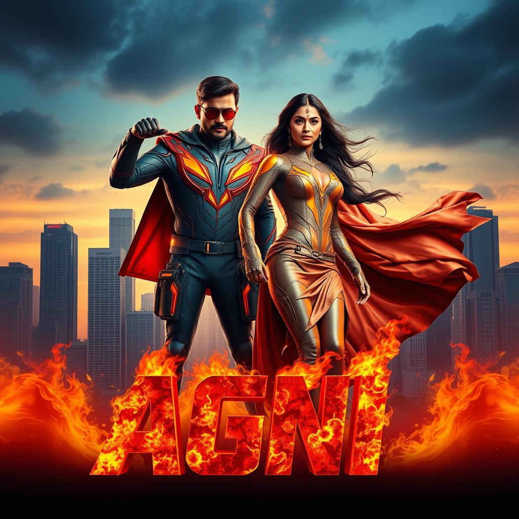 A cinematic sci-fi futuristic action film poster featuring an Indian man and woman in modern superhero costumes with fire powers