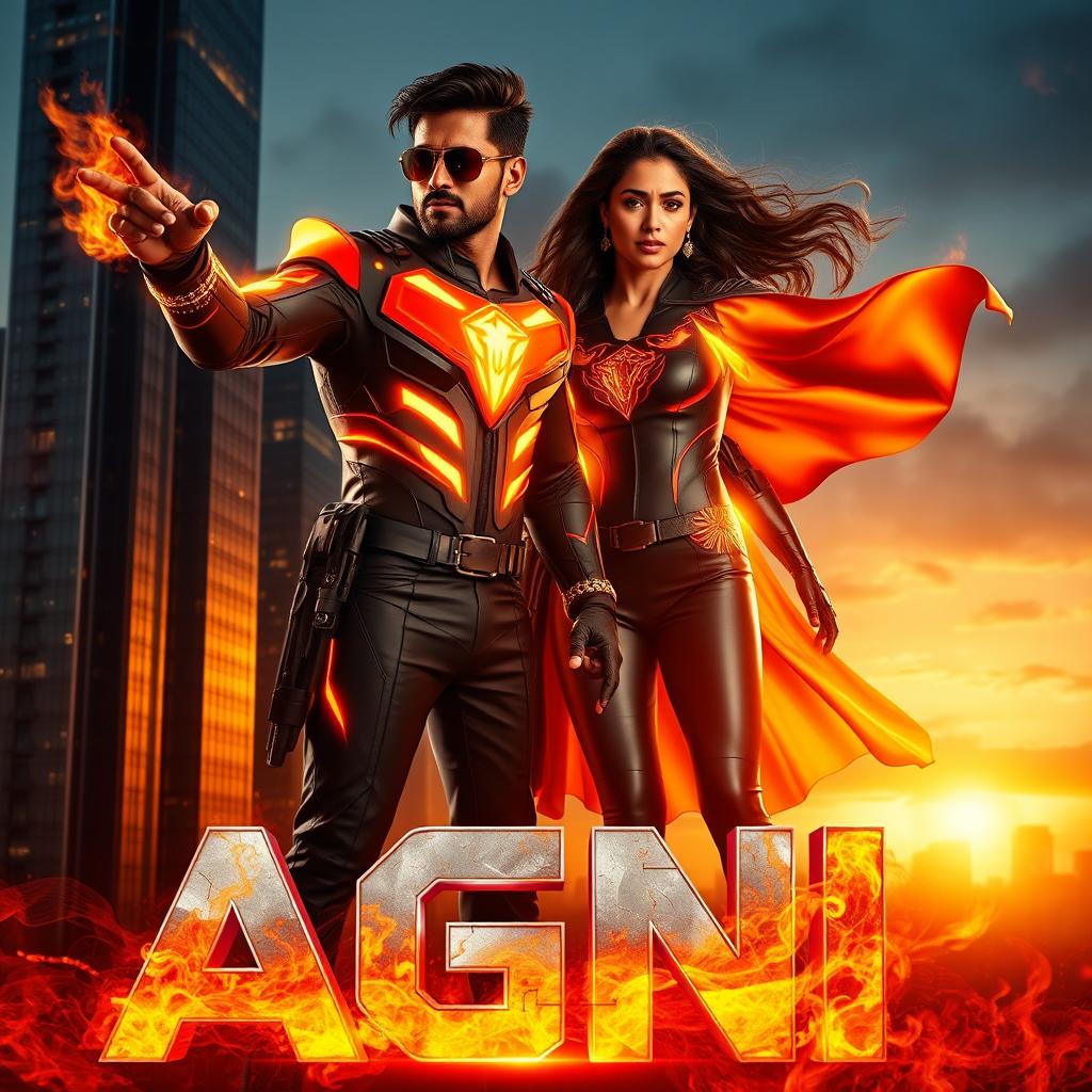 A cinematic sci-fi futuristic action film poster featuring an Indian man and woman in modern superhero costumes with fire powers