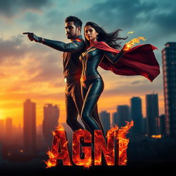 A cinematic sci-fi futuristic action film poster featuring an Indian man and woman in modern superhero costumes with fire powers