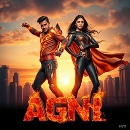 A cinematic sci-fi futuristic action film poster featuring an Indian man and woman in modern superhero costumes with fire powers