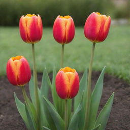 Six vibrant tulip flower buds about to bloom in a well-cared garden under a sunny sky.