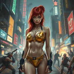 A realistic portrayal of a petite redhaired cyberpunk techie in a visually stunning gold bikini, engaged in a fierce battle scene