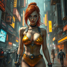 A realistic portrayal of a petite redhaired cyberpunk techie in a visually stunning gold bikini, engaged in a fierce battle scene