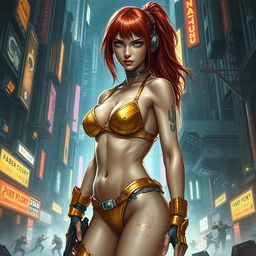 A realistic portrayal of a petite redhaired cyberpunk techie in a visually stunning gold bikini, engaged in a fierce battle scene