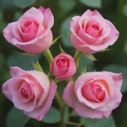 Six perfectly bloomed rose buds arranged in a circle, glistening with dew in morning sunlight.