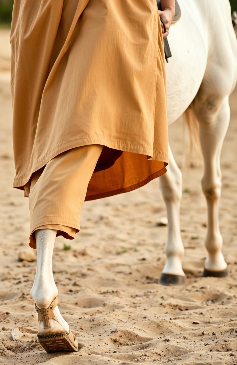 A close-up shot of a rider in a long camel-colored tunic and sandals walking beside a white horse