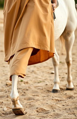 A close-up shot of a rider in a long camel-colored tunic and sandals walking beside a white horse