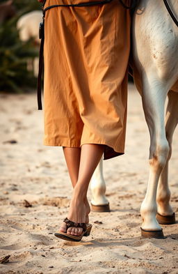 A close-up shot of a rider in a long camel-colored tunic and sandals walking beside a white horse