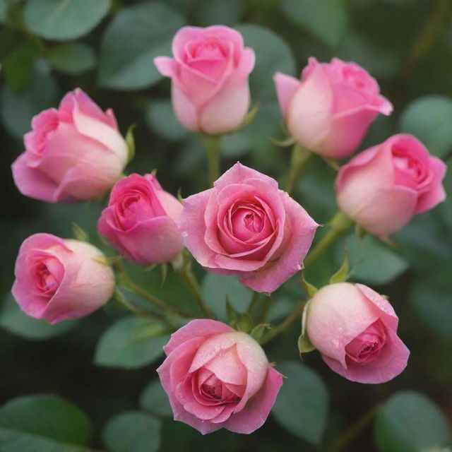 Six perfectly bloomed rose buds arranged in a circle, glistening with dew in morning sunlight.