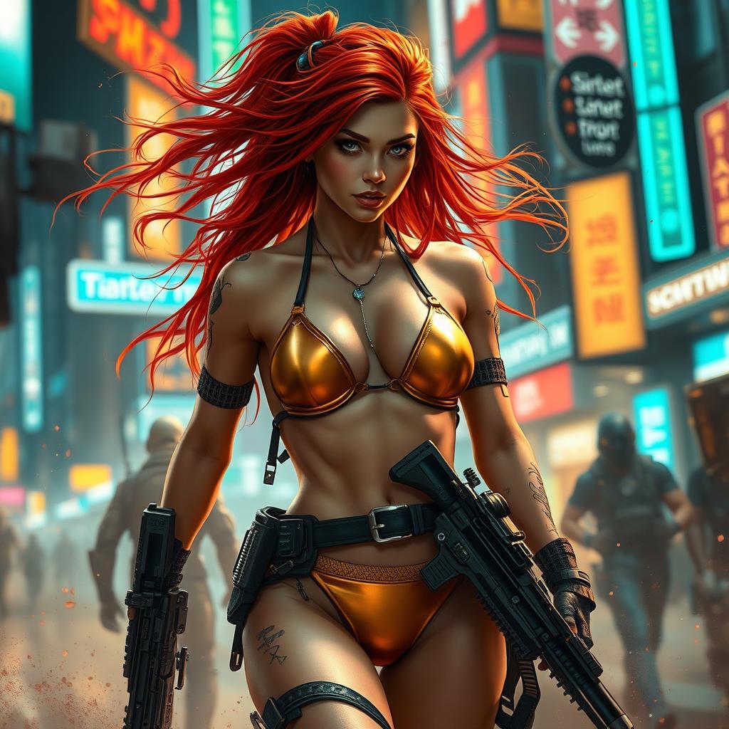 A realistic depiction of a petite redhaired cyberpunk nomad, dressed in a glamorous gold bikini, caught in an electrifying battle scene