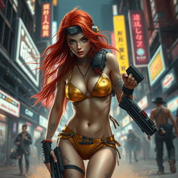 A realistic depiction of a petite redhaired cyberpunk nomad, dressed in a glamorous gold bikini, caught in an electrifying battle scene