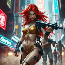 A realistic depiction of a petite redhaired cyberpunk nomad, dressed in a glamorous gold bikini, caught in an electrifying battle scene