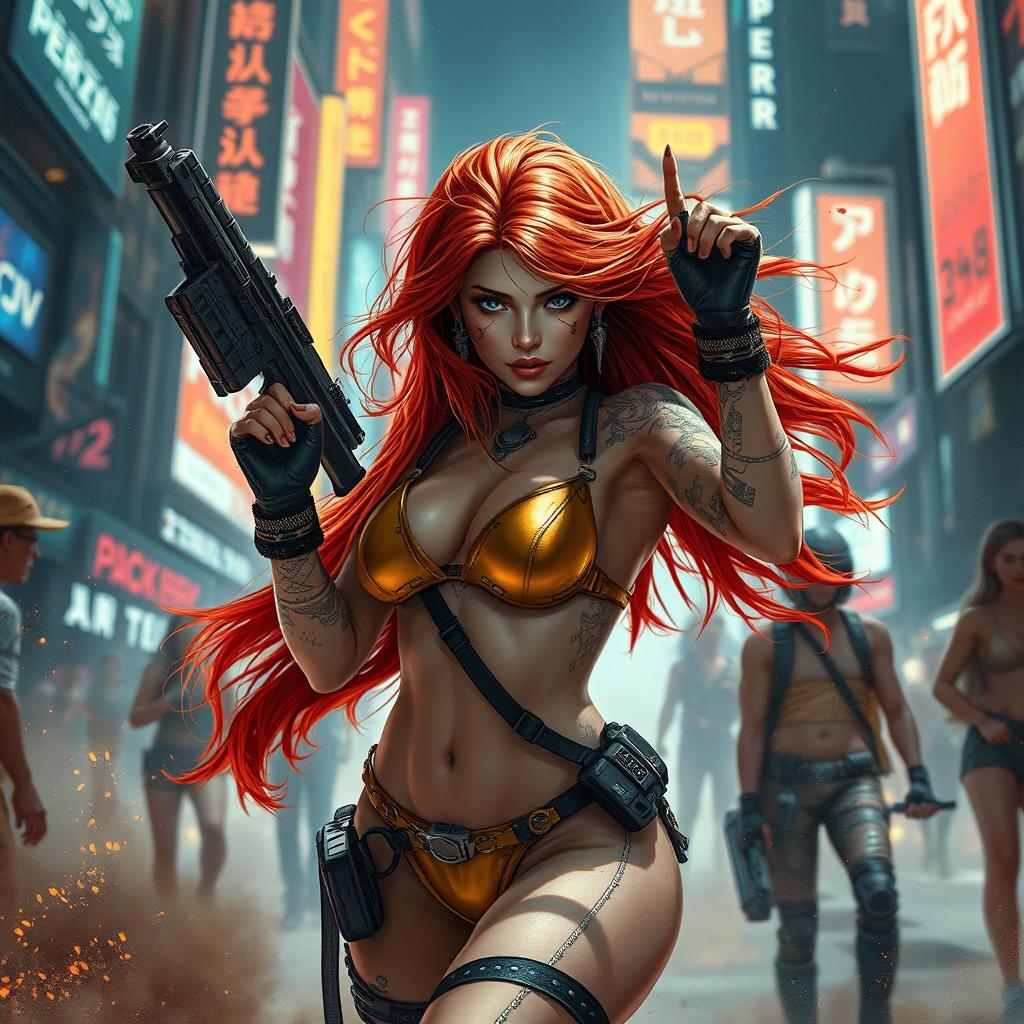 A realistic depiction of a petite redhaired cyberpunk nomad, dressed in a glamorous gold bikini, caught in an electrifying battle scene