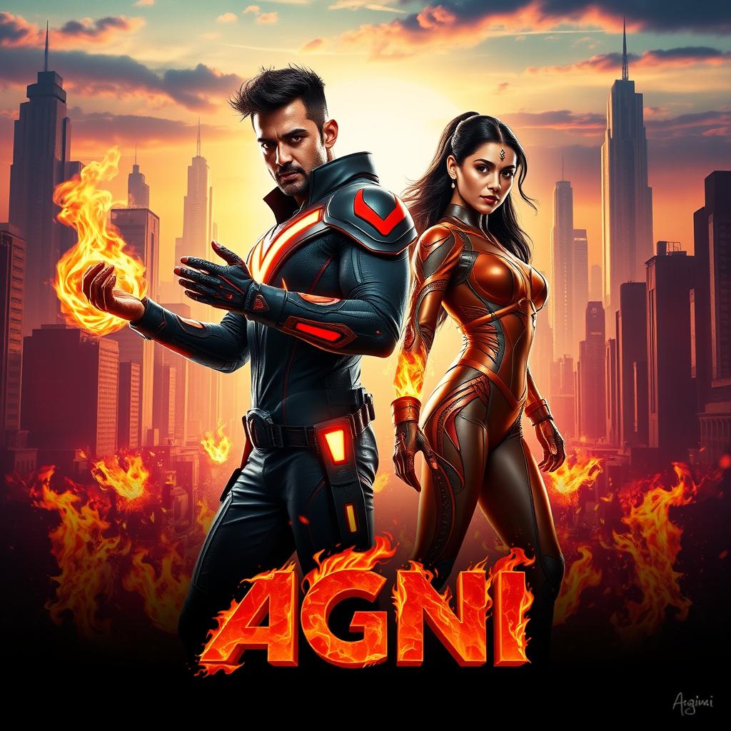 A dynamic cinematic poster for a science fiction action film titled "AGNI" featuring an Indian man and woman in striking modern superhero costumes that emphasize their powers of fire