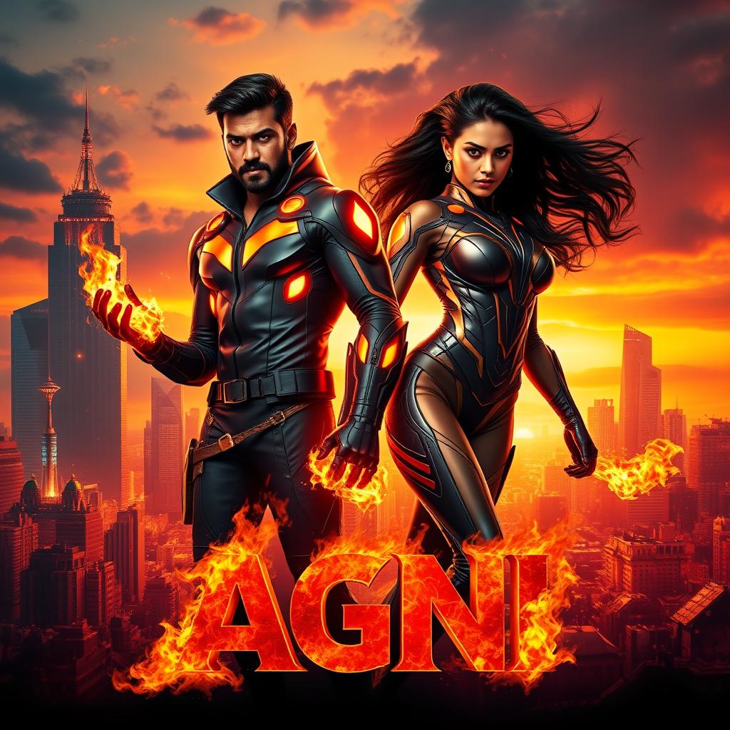 A dynamic cinematic poster for a science fiction action film titled "AGNI" featuring an Indian man and woman in striking modern superhero costumes that emphasize their powers of fire