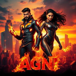 A dynamic cinematic poster for a science fiction action film titled "AGNI" featuring an Indian man and woman in striking modern superhero costumes that emphasize their powers of fire