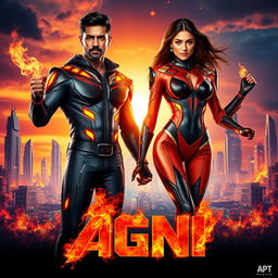 A dynamic cinematic poster for a science fiction action film titled "AGNI" featuring an Indian man and woman in striking modern superhero costumes that emphasize their powers of fire