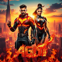 A dynamic cinematic poster for a science fiction action film titled "AGNI" featuring an Indian man and woman in striking modern superhero costumes that emphasize their powers of fire