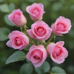 Six perfectly bloomed rose buds arranged in a circle, glistening with dew in morning sunlight.