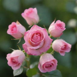 Six perfectly bloomed rose buds arranged in a circle, glistening with dew in morning sunlight.