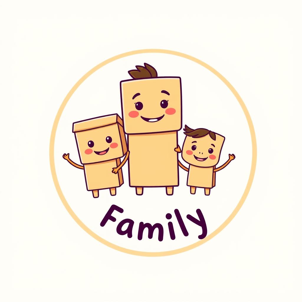 A circular logo design featuring a family of three cartoon cardboard boxes with friendly and unique faces