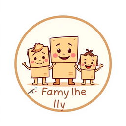 A circular logo design featuring a family of three cartoon cardboard boxes with friendly and unique faces