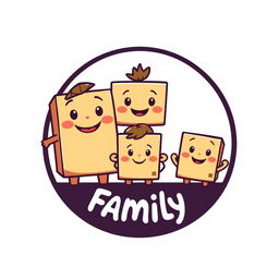 A circular logo design featuring a family of three cartoon cardboard boxes with friendly and unique faces