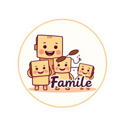 A circular logo design featuring a family of three cartoon cardboard boxes with friendly and unique faces