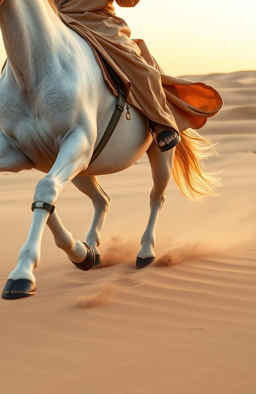 A majestic gallop of a white horse during the golden hour, racing across sand dunes