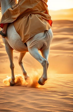 A majestic gallop of a white horse during the golden hour, racing across sand dunes