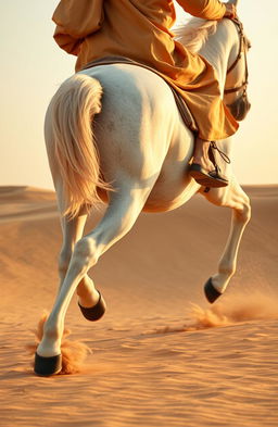 A majestic gallop of a white horse during the golden hour, racing across sand dunes