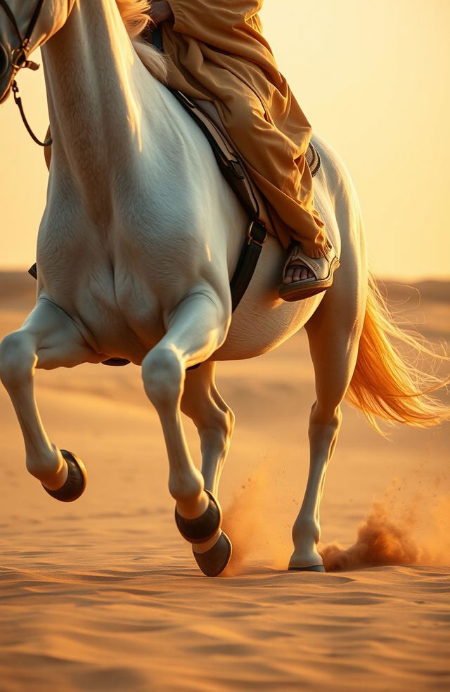 A majestic gallop of a white horse during the golden hour, racing across sand dunes