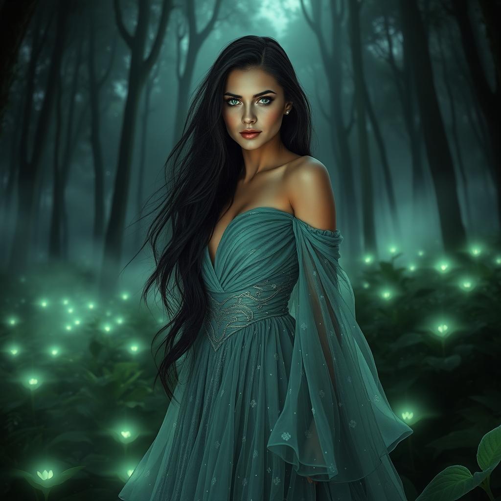 A captivating portrait of a mysterious and enchanting woman with long flowing black hair and striking green eyes, standing in a lush, twilight forest