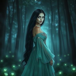 A captivating portrait of a mysterious and enchanting woman with long flowing black hair and striking green eyes, standing in a lush, twilight forest