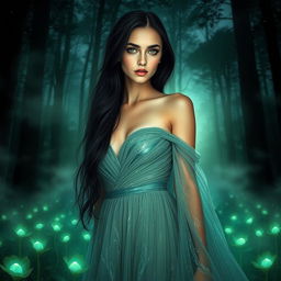 A captivating portrait of a mysterious and enchanting woman with long flowing black hair and striking green eyes, standing in a lush, twilight forest