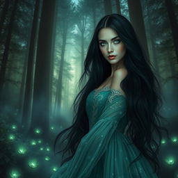 A captivating portrait of a mysterious and enchanting woman with long flowing black hair and striking green eyes, standing in a lush, twilight forest