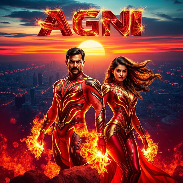 An electrifying cinematic sci-fi futuristic action film poster titled 'Agni', prominently featuring an Indian man and woman in modern superhero costumes, encapsulating their fiery powers