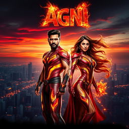 An electrifying cinematic sci-fi futuristic action film poster titled 'Agni', prominently featuring an Indian man and woman in modern superhero costumes, encapsulating their fiery powers