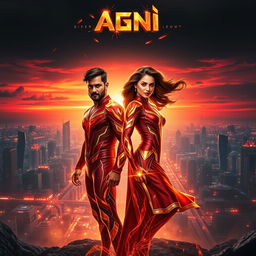 An electrifying cinematic sci-fi futuristic action film poster titled 'Agni', prominently featuring an Indian man and woman in modern superhero costumes, encapsulating their fiery powers