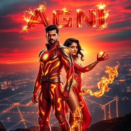 An electrifying cinematic sci-fi futuristic action film poster titled 'Agni', prominently featuring an Indian man and woman in modern superhero costumes, encapsulating their fiery powers