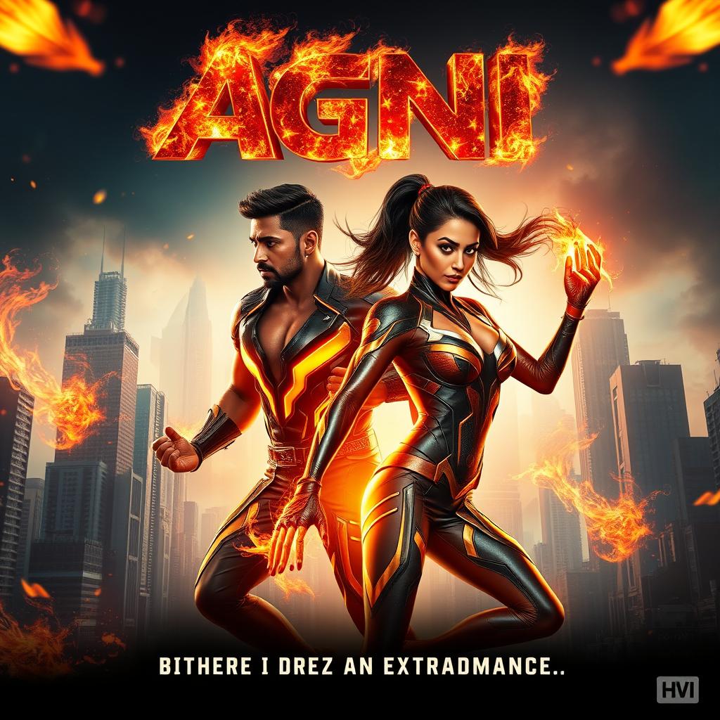 A dynamic and visually striking cinematic sci-fi futuristic action film poster titled 'AGNI'