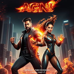 A dynamic and visually striking cinematic sci-fi futuristic action film poster titled 'AGNI'