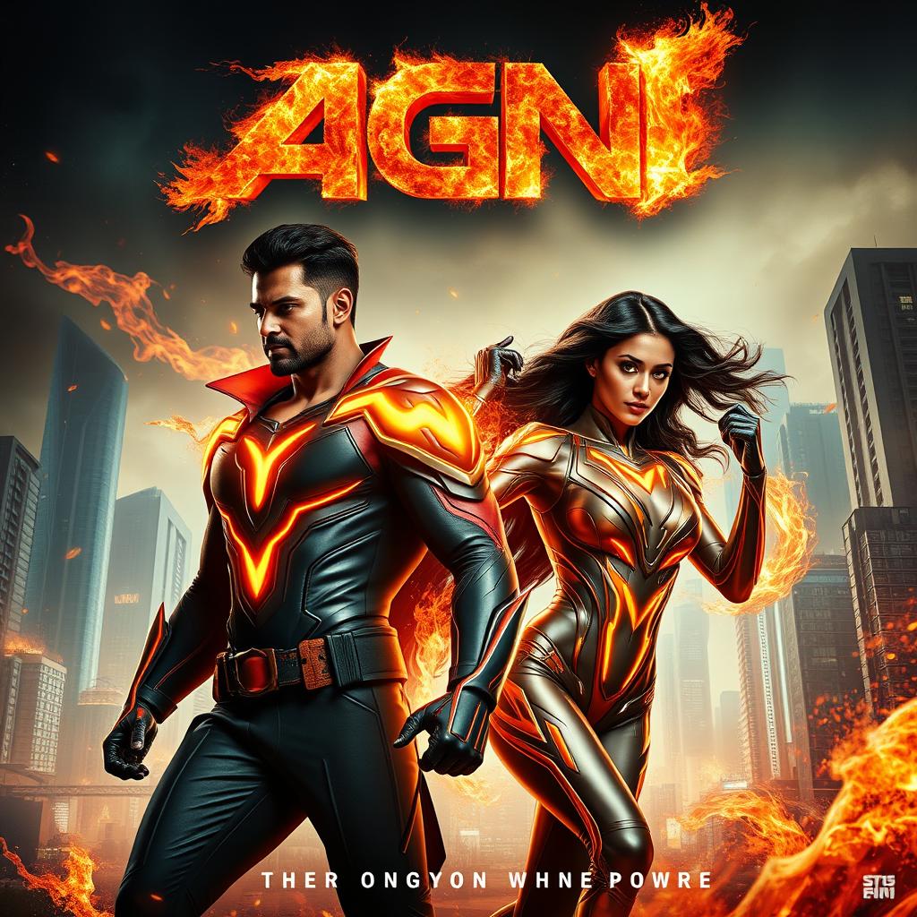 A dynamic and visually striking cinematic sci-fi futuristic action film poster titled 'AGNI'