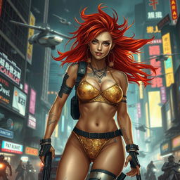 A realistic depiction of a petite redhaired cyberpunk nomad, confidently wearing a sparkling gold bikini, amidst an intense battle scene