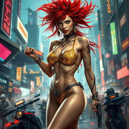 A realistic depiction of a petite redhaired cyberpunk nomad, confidently wearing a sparkling gold bikini, amidst an intense battle scene