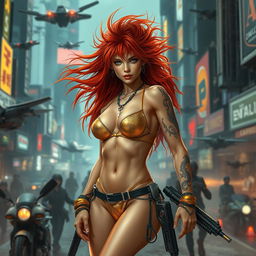 A realistic depiction of a petite redhaired cyberpunk nomad, confidently wearing a sparkling gold bikini, amidst an intense battle scene